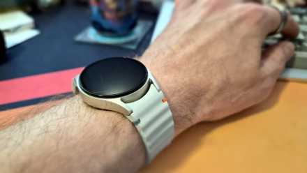 Galaxy Watch on wrist while typing