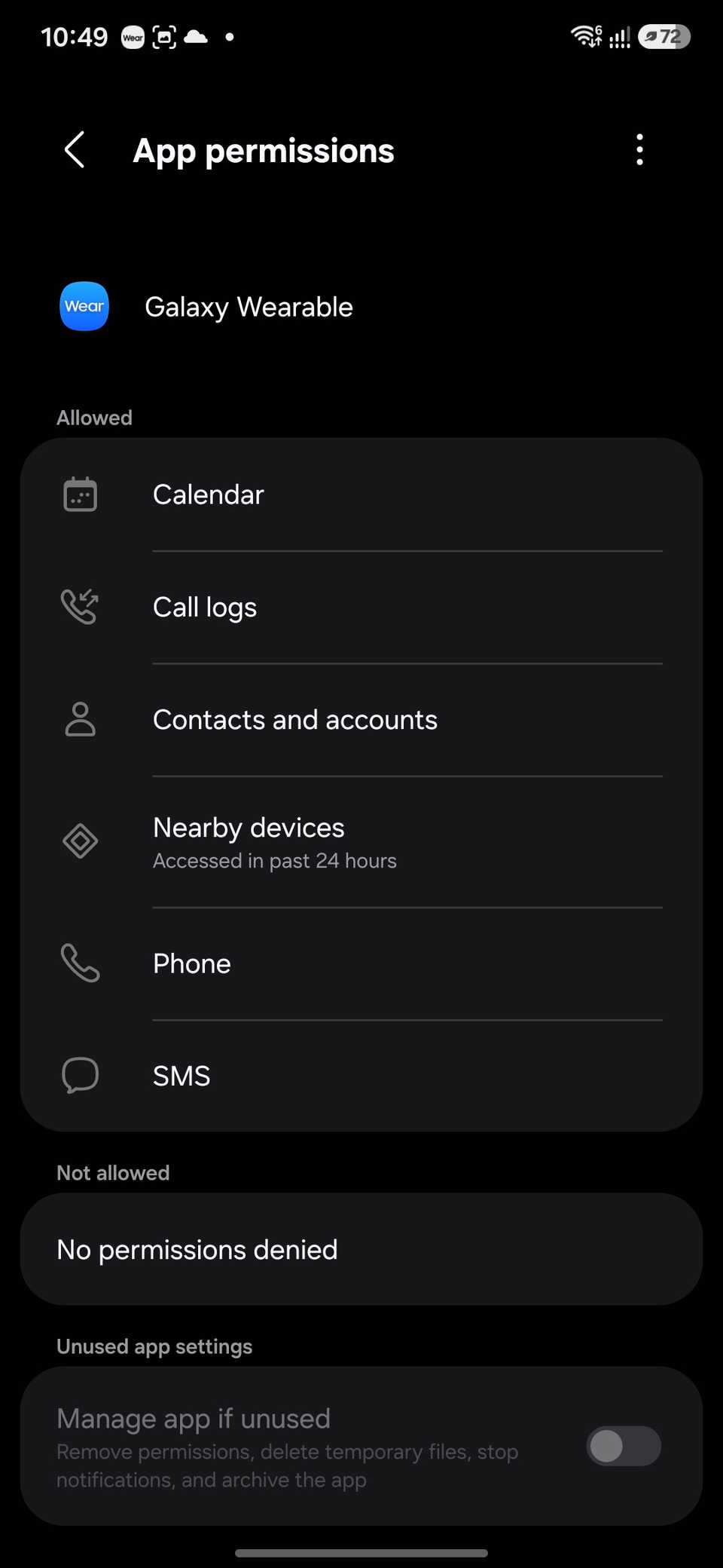 Galaxy Wearable app permissions screen listing Calendar Call logs Contacts and other allowed permissions.