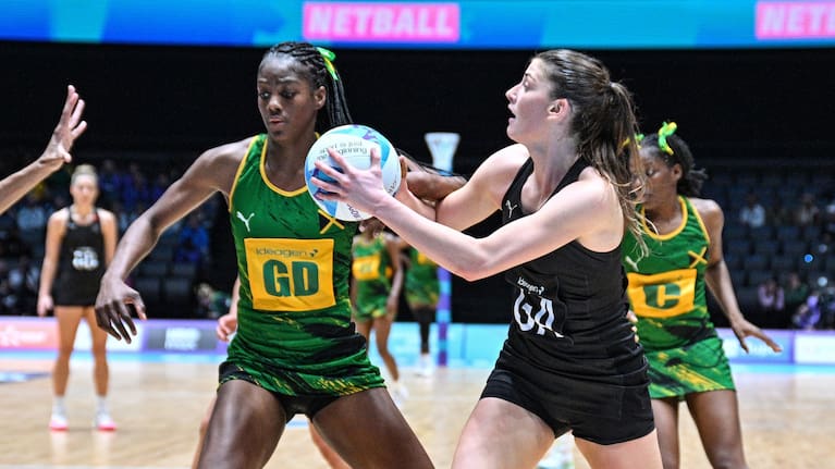 Georgia Heffernan of New Zealand and Shamera Sterling of Jamaica, New Zealand Silver Ferns v Jamaica netball match of the 2026 Glasgow Commonwealth Games at OVO Hydro, Glasgow, Scotland on Sunday, July 26, 2026.