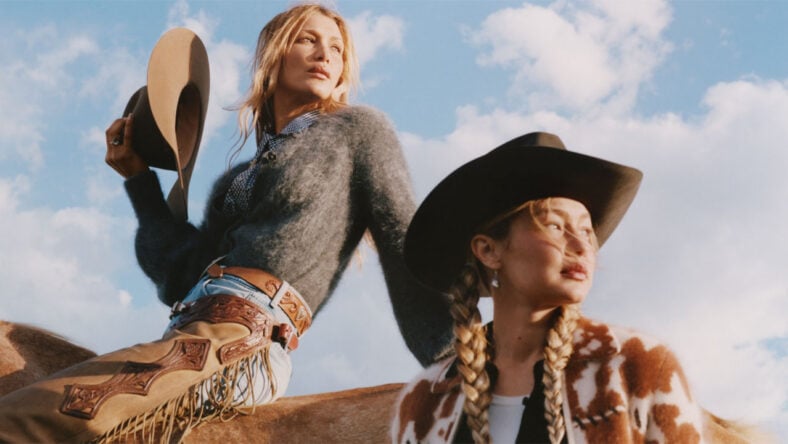 Bella and Gigi Hadid photographed in western wear at Diamond Cross Ranch for Guest In Residence's Fall campaign