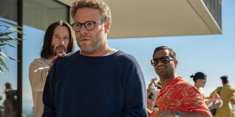 Aziz Ansari, Seth Rogen, and Keanu Reeves at a house party in Good Fortune