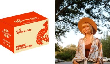 A box of Harman Phoenix ISO 125 colour film next to a portrait of a woman wearing a wide-brimmed hat and a patterned shirt.