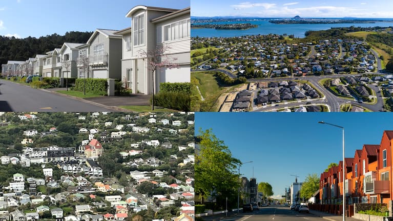 Homes pictured in Auckland (top left), Tauranga (top right), Wellington (bottom left), and Christchurch (bottom right).