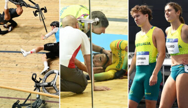 Carnage at Commonwealth Games as Aussies disqualified and cyclist taken away on stretcher