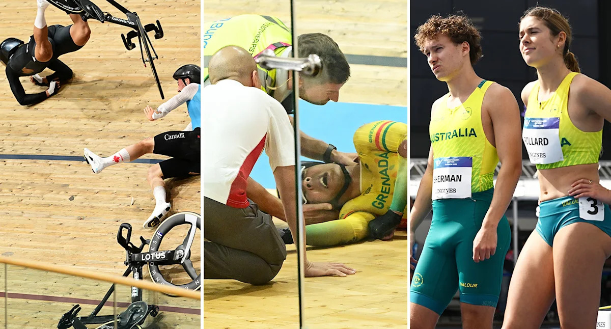 Carnage at Commonwealth Games as Aussies disqualified and cyclist taken away on stretcher