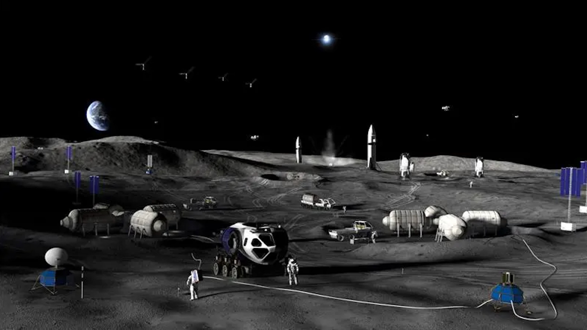 artist's illustration of a base on the moon.