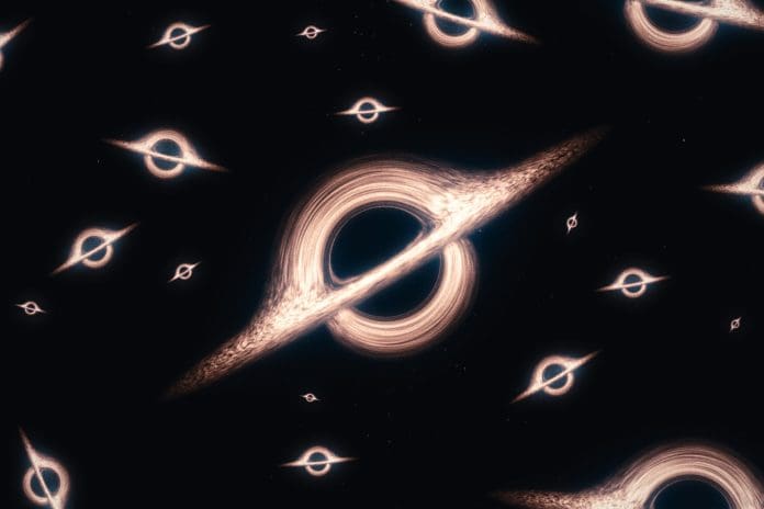 Black holes with surrounding accretion disks creating a visually striking pattern against the dark expanse of the universe