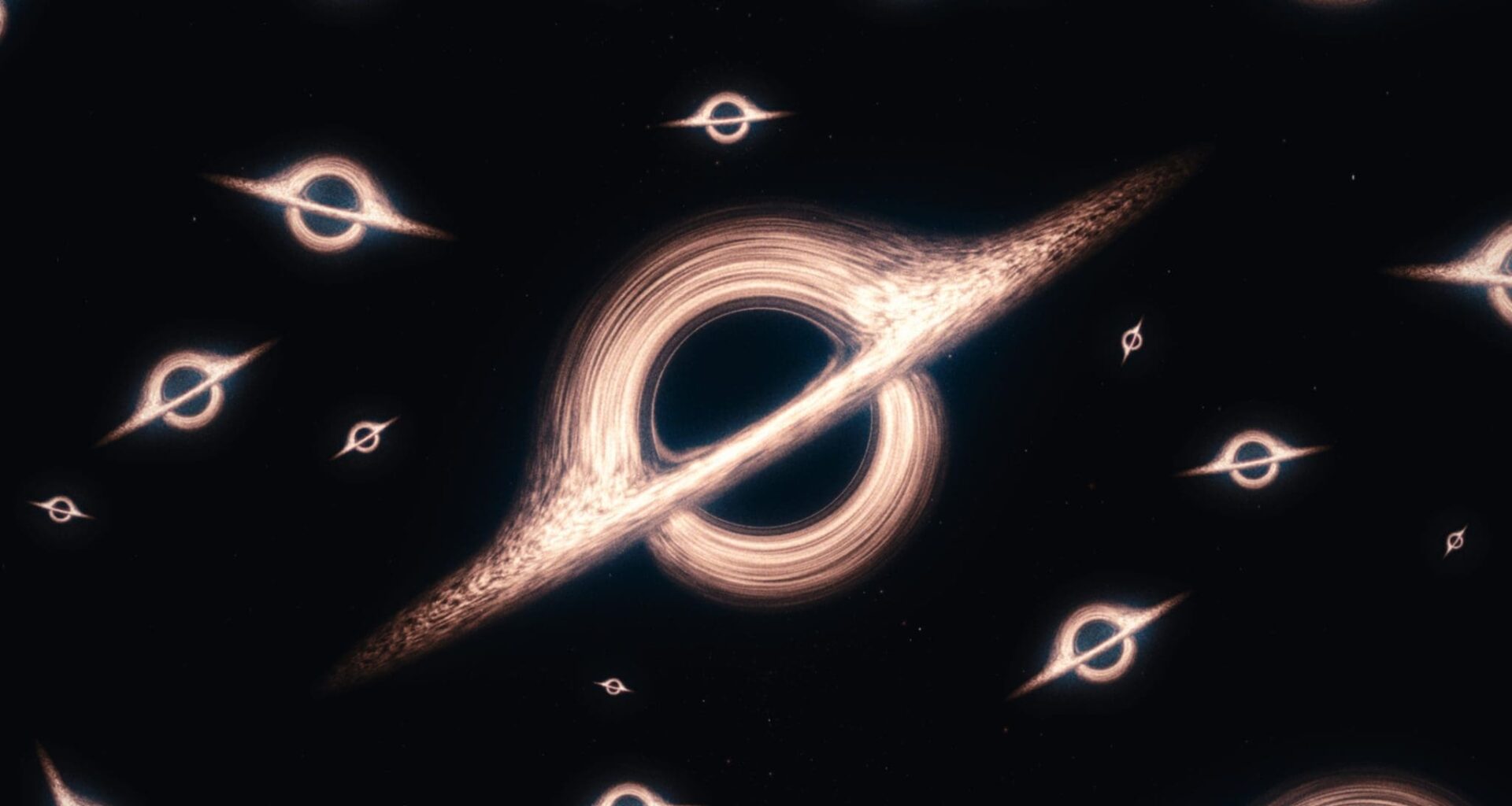 Black holes with surrounding accretion disks creating a visually striking pattern against the dark expanse of the universe