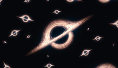 Black holes with surrounding accretion disks creating a visually striking pattern against the dark expanse of the universe