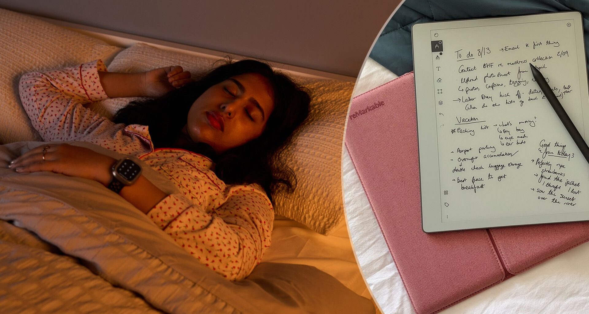 On the left, a woman lies in bed asleep in the dark. On the right, a close up of a reMarkable Paper Pure tablet covered in notes, lying on a mattress