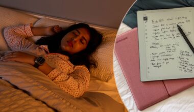 On the left, a woman lies in bed asleep in the dark. On the right, a close up of a reMarkable Paper Pure tablet covered in notes, lying on a mattress