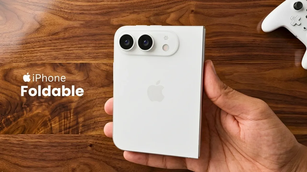 A side profile view comparing the slim thickness of a foldable iPhone concept to a standard model.