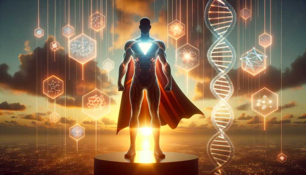 A silhouette of a superhero in a high-tech armor, standing against a sunset backdrop.