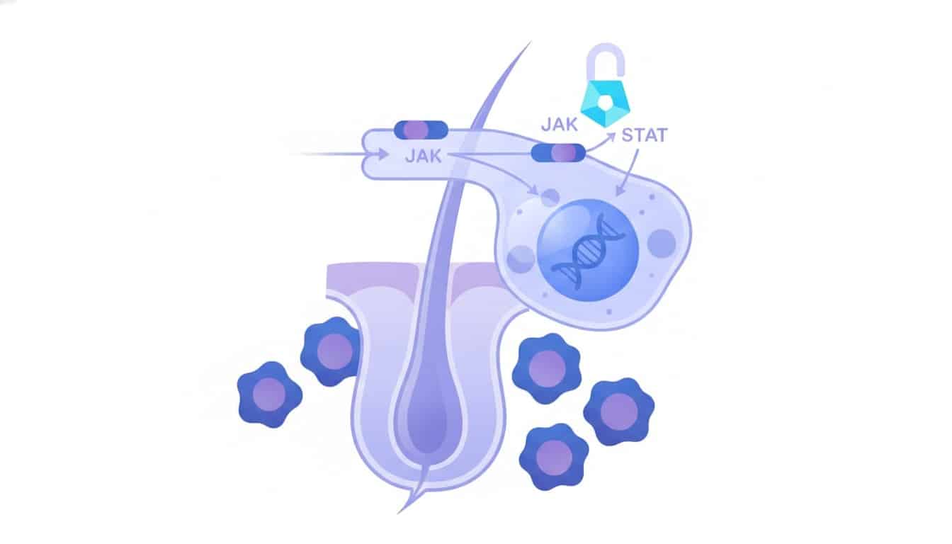 Diagram illustrating how JAK inhibitors block the immune signaling pathway that causes hair follicle destruction in alopecia areata