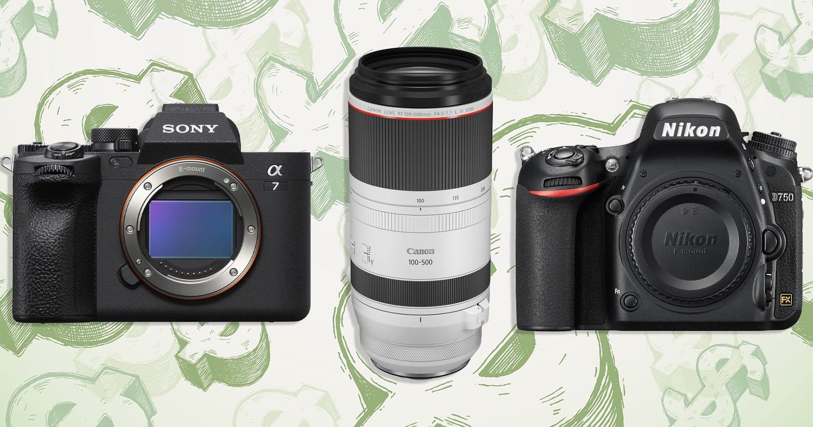 A Sony Alpha 7 camera body, a Canon RF 100-500mm lens, and a Nikon D750 camera body are arranged against a background of green dollar signs.