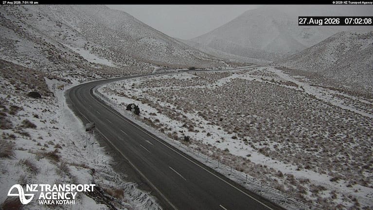Looking south along State Highway 8 towards the Lindis Pass summit lookout in Central Otago (August 27)