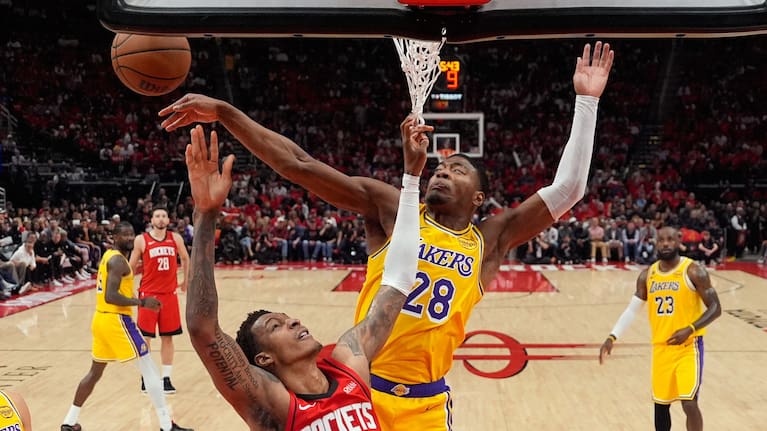 Los Angeles Lakers forward Rui Hachimura (28) blocks a shot by Houston Rockets forward Jabari Smith Jr. (10) during the first half of Game 6 of a first-round NBA playoffs basketball series in Houston, May 1, 2026.