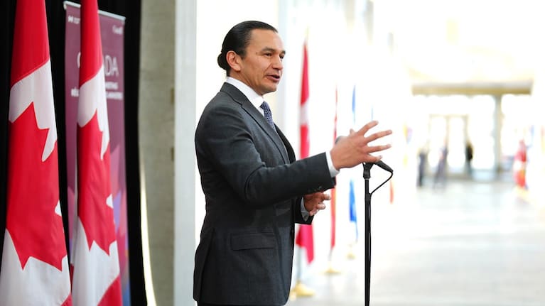 Manitoba Premier Wab Kinew talks to media as he arrives for a first ministers meeting in Ottawa on January 15, 2025.