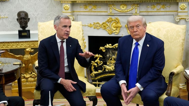 Canada Prime Minister Mark Carney and President Donald Trump hold a press conference at the White House in Washington, DC, October 7, 2025.
