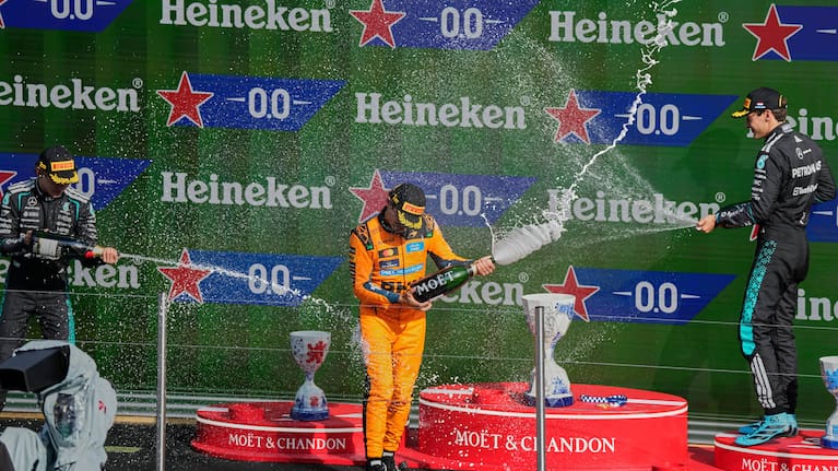 McLaren driver Lando Norris of Britain holds the trophy after winning the Formula One Dutch Grand Prix in Zandvoort , Netherlands.