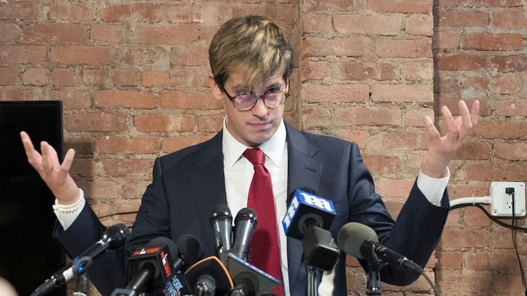 Milo Yiannopoulos speaks during a news conference in New York, February 21, 2017.