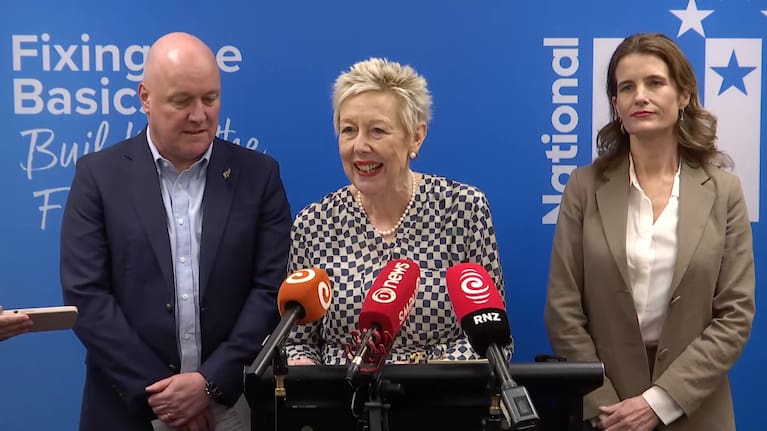National Party president Sylvia Wood, centre, with party leader Christopher Luxon and deputy leader Nicola Willis.