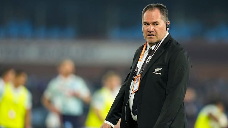 New Zealand's head coach Dave Rennie watches players warming up for a rugby match between Bulls and New Zealand, in Pretoria, South Africa, Saturday, August 15, 2026.