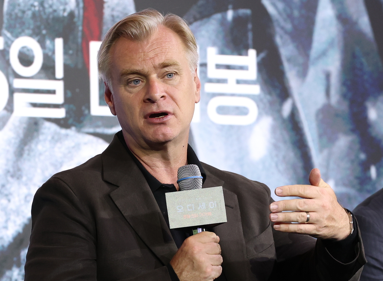 Director Christopher Nolan speaks during a press conference for "The Odyssey" at the Four Seasons Hotel in Seoul, Monday. (Yonhap)