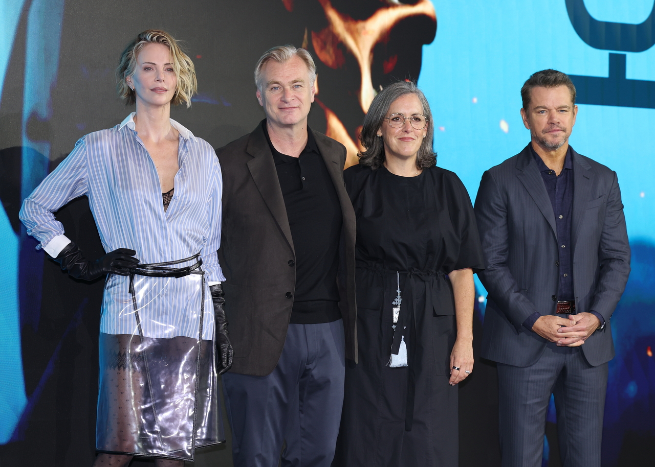 From left, actor Charlize Theron, director Christopher Nolan, producer Emma Thomas and actor Matt Damon pose during a press conference for "The Odyssey" at the Four Seasons Hotel in Seoul, Monday. (Yonhap)