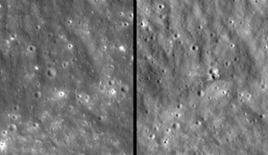 These images from NASA's Lunar Reconnaissance Orbiter show the Falcon upper-stage's crash site on the Moon. The left image is before the crash, the right image is after, showing the impact crater. Image Credit: NASA Goddard/Intuitive Machines