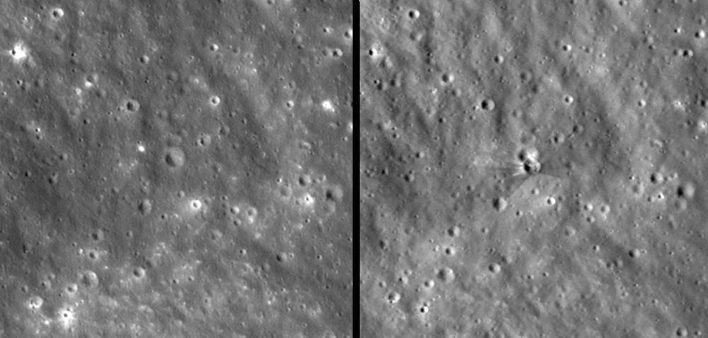 These images from NASA's Lunar Reconnaissance Orbiter show the Falcon upper-stage's crash site on the Moon. The left image is before the crash, the right image is after, showing the impact crater. Image Credit: NASA Goddard/Intuitive Machines