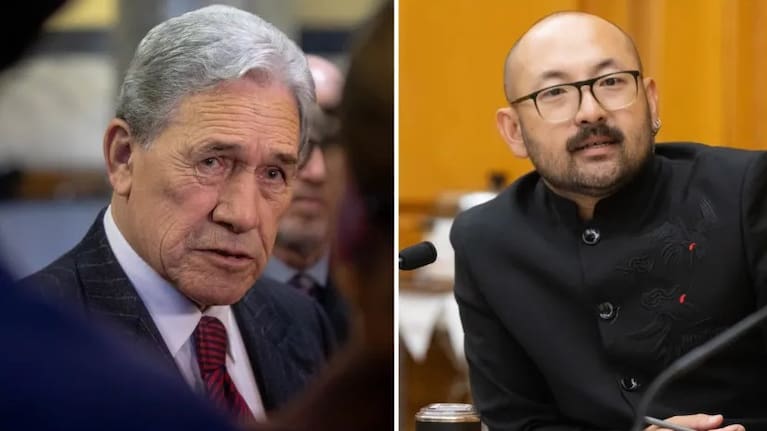 NZ First leader Winston Peters (L) told Green MP Lawrence Xu-Nan (R) to "go back to your own country".