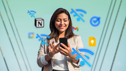 A person in a blazer looks at their phone. The person is in front of a teal background with various app icons