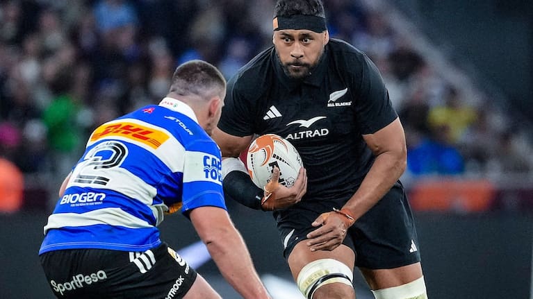 Patrick Tuipulotu carries the ball for the All Blacks against the Stormers.