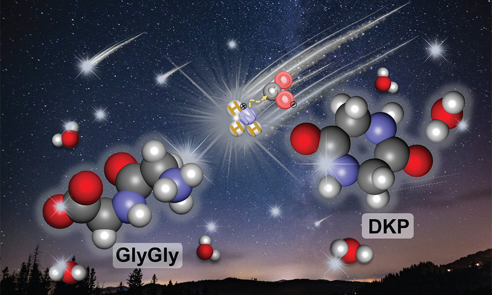 A stylized scientific illustration set against a starry night sky with shooting stars, showing two space-filling molecular models labeled