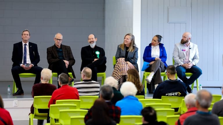Politicians address the Waitākere Grey Power meeting.