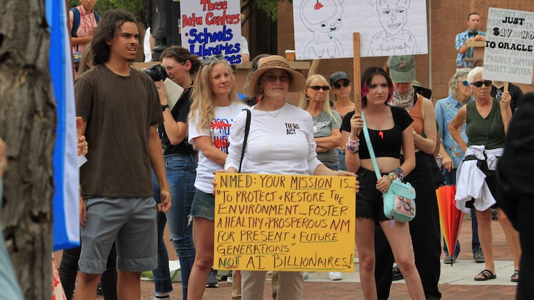 Protesters gather outside a state office to voice opposition to the Project Jupiter data centre.