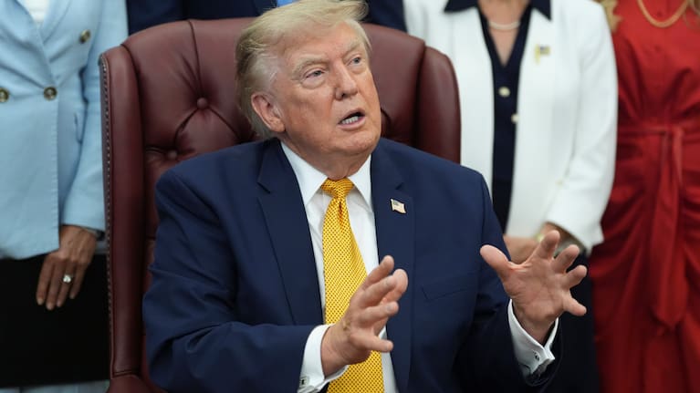 President Donald Trump speaks during a meeting about military families, in the Oval Office of the White House, Monday, Aug. 3, 2026, in Washington.