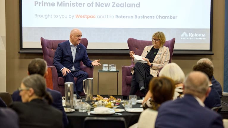 Prime Minister Christopher Luxon speaks to the Rotorua Business Chamber.
