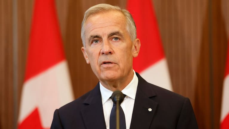 Prime Minister Mark Carney speaks about Canada's response to new US tariffs during a news conference on Parliament Hill in Ottawa on Saturday, August 22, 2026.