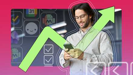 A man smiling while looking at his phone, with app icons in the background and a large green upward arrow