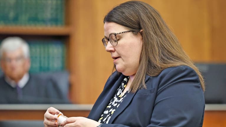 Prosecutor Jennifer Sprague questions Dr Jennifer Tufts about medication that Lindsay Clancy was prescribed, during Clancy's murder trial at Plymouth Superior Court in Plymouth, Massachusetts. (Source: Greg Derr/The Patriot Ledger via AP, Pool)