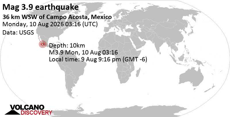 3.9 quake North Pacific Ocean, 45 km southwest of Tomatlan, Estado de Jalisco, Mexico, Aug 9, 2026 09:16 pm (GMT -6)