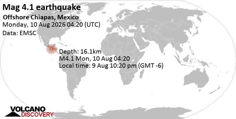 4.1 quake North Pacific Ocean, 73 km southwest of Brisas Barra de Suchiate, Mexico, Aug 9, 2026 10:20 pm (GMT -6)