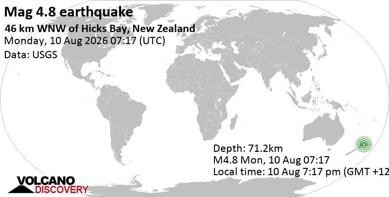 4.8 quake South Pacific Ocean, 97 km northeast of Whakatane, Bay of Plenty, New Zealand, Aug 10, 2026 07:17 pm (Auckland time)