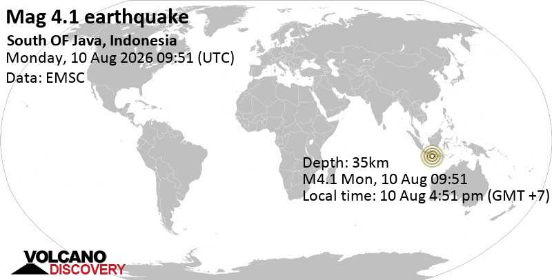4.1 quake Indian Ocean, 148 km south of Blitar, Kota Blitar, Jawa Timur, Indonesia, Aug 10, 2026 04:51 pm (GMT +7)