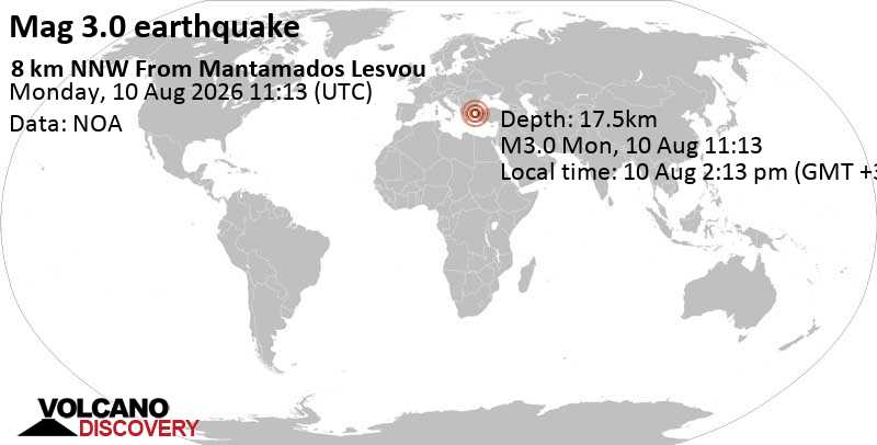 3.0 quake 37 km northwest of Mytilene, Lesbos, North Aegean, Greece, Aug 10, 2026 02:13 pm (Athens time)