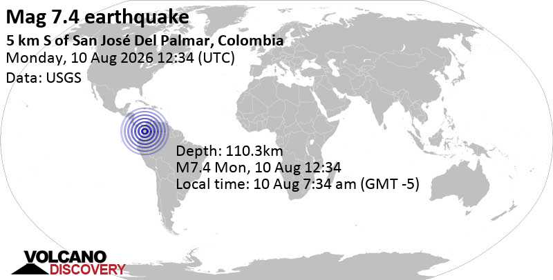 7.4 quake Departamento del Choco, 38 km west of Cartago, Colombia, Aug 10, 2026 07:34 am (Bogota time)
