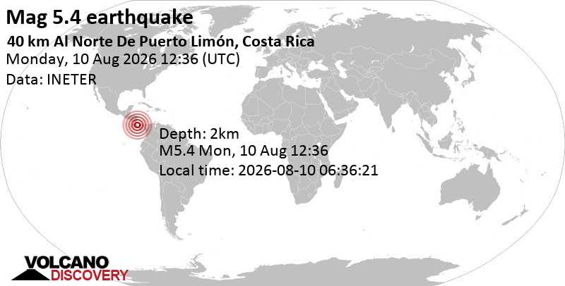 5.4 quake Caribbean Sea, 39 km north of Puerto Limón, Provincia de Limon, Costa Rica, Aug 10, 2026 06:36 am (GMT -6)