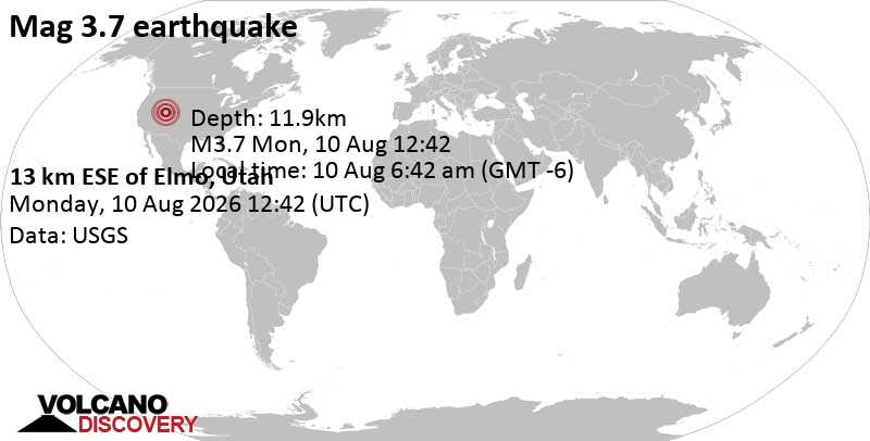3.7 quake Emery County, 19 mi southeast of Price, Carbon County, Utah, United States, Aug 10, 2026 06:42 am (Denver time)